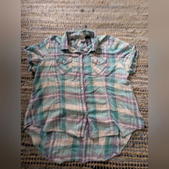 Harley-Davidson Plaid Button Front Shirt M Purple Aqua Western Y2K Bikercore - Picture 2 of 6